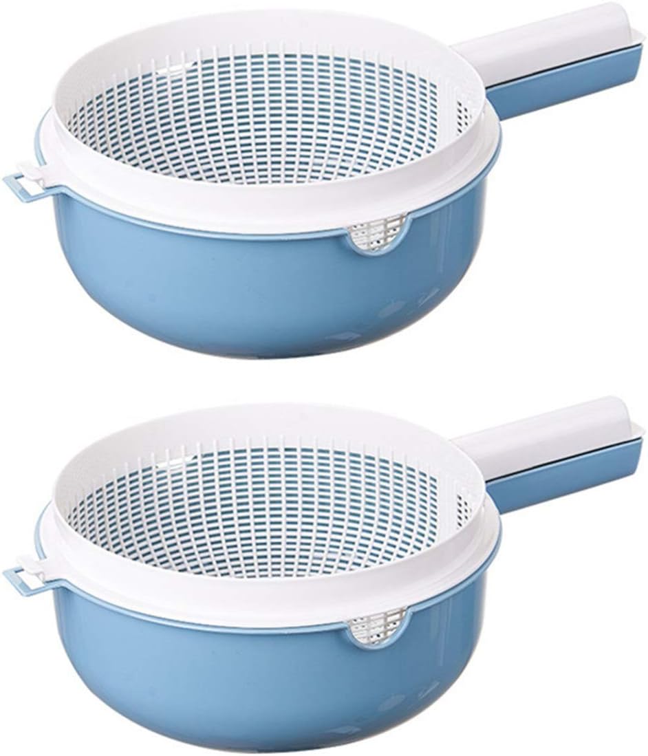 Hemoton Double Layer Drain Basket with Handle and Cover 13.38 Inch Plastic Colander for Washing and Draining Fruits Vegetables Rice Kitchen Storage Set of 2