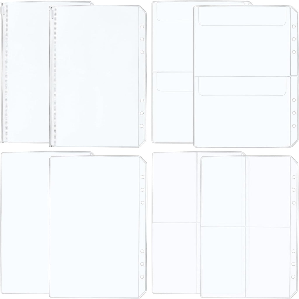 PAGOW 8pcs A5 Binder Pockets, 4 Styles Clear Binder Inserts Zipper Folders, Waterproof PVC A5 Planner Inserts Sleeves Budget Cash Envelope Pouches for 6-Ring Loose Leaf, Document, Saving Challenges