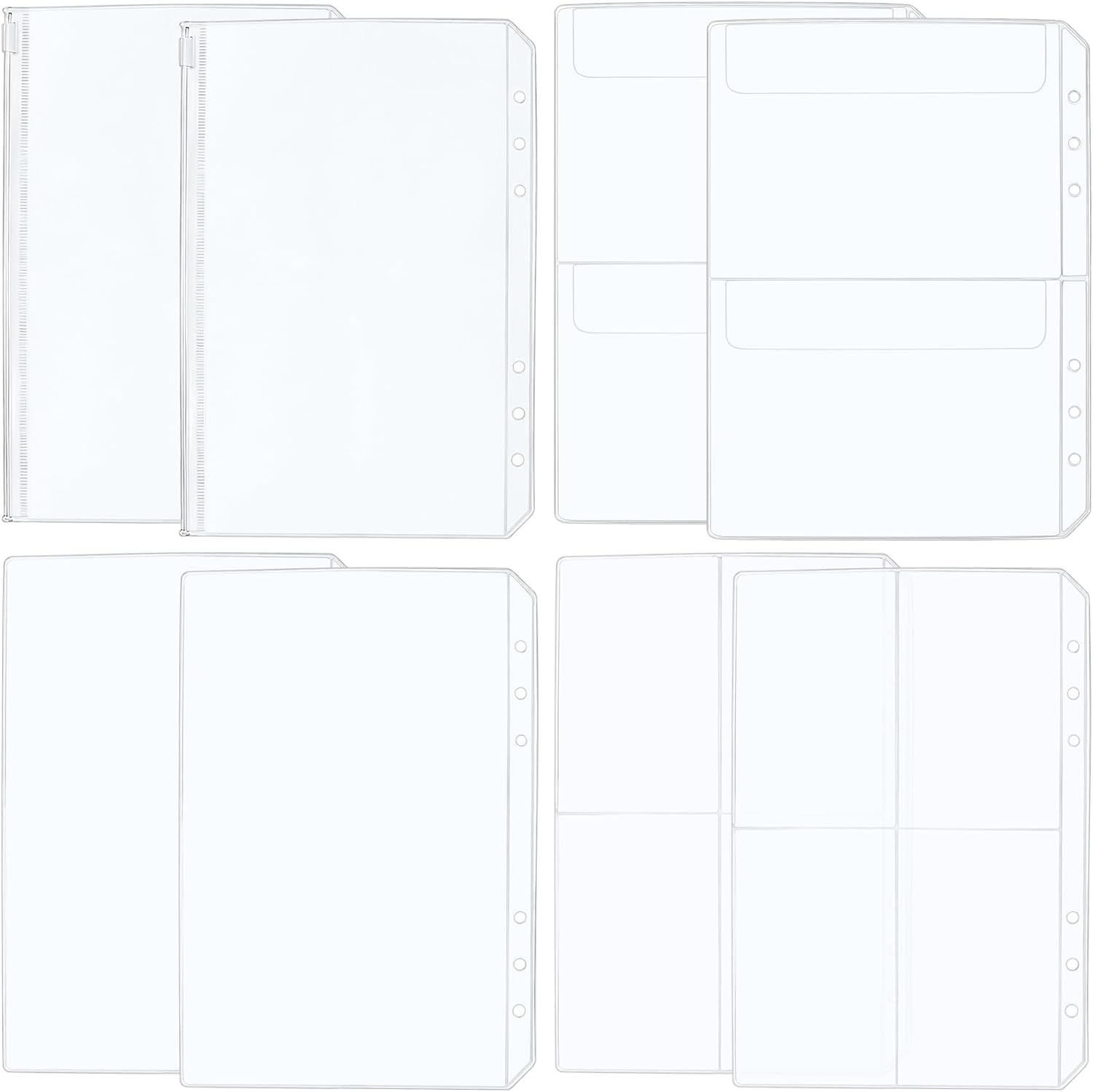 PAGOW 8pcs A5 Binder Pockets, 4 Styles Clear Binder Inserts Zipper Folders, Waterproof PVC A5 Planner Inserts Sleeves Budget Cash Envelope Pouches for 6-Ring Loose Leaf, Document, Saving Challenges