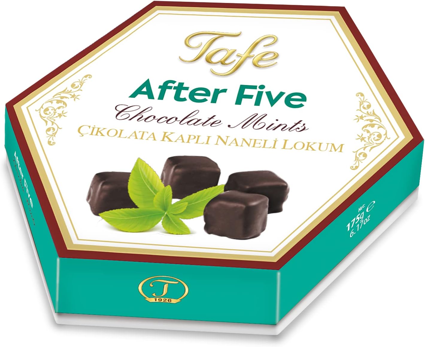 After Five Chocolate Coated Mint Turkish Delight - Hexagon Box 175 gr 6.17 oz - Sweet Luxury Traditional Confectionery - Gluten Free Vegan Halal FSSCS Soft Candy Dessert Lokum Mints and Chocolate