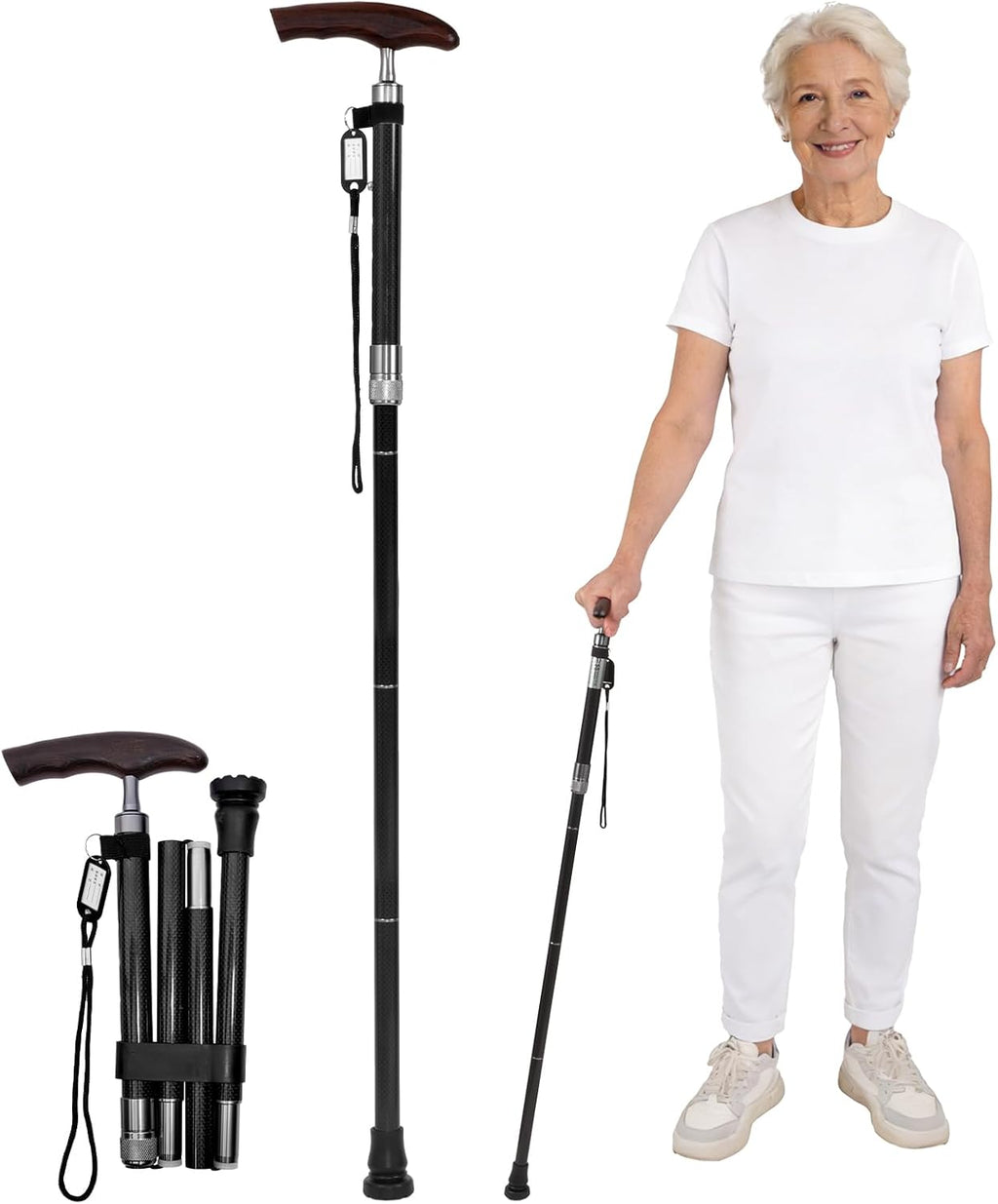 Carbon Fiber Walking Cane, Adjustable Folding Mobility Cane with Ergonomic Solid Wood Handle, Lightweight Walking Stick for Men & Women, Portable Travel Cane with Non-Slip Rubber Tip (8.3oz/235g)