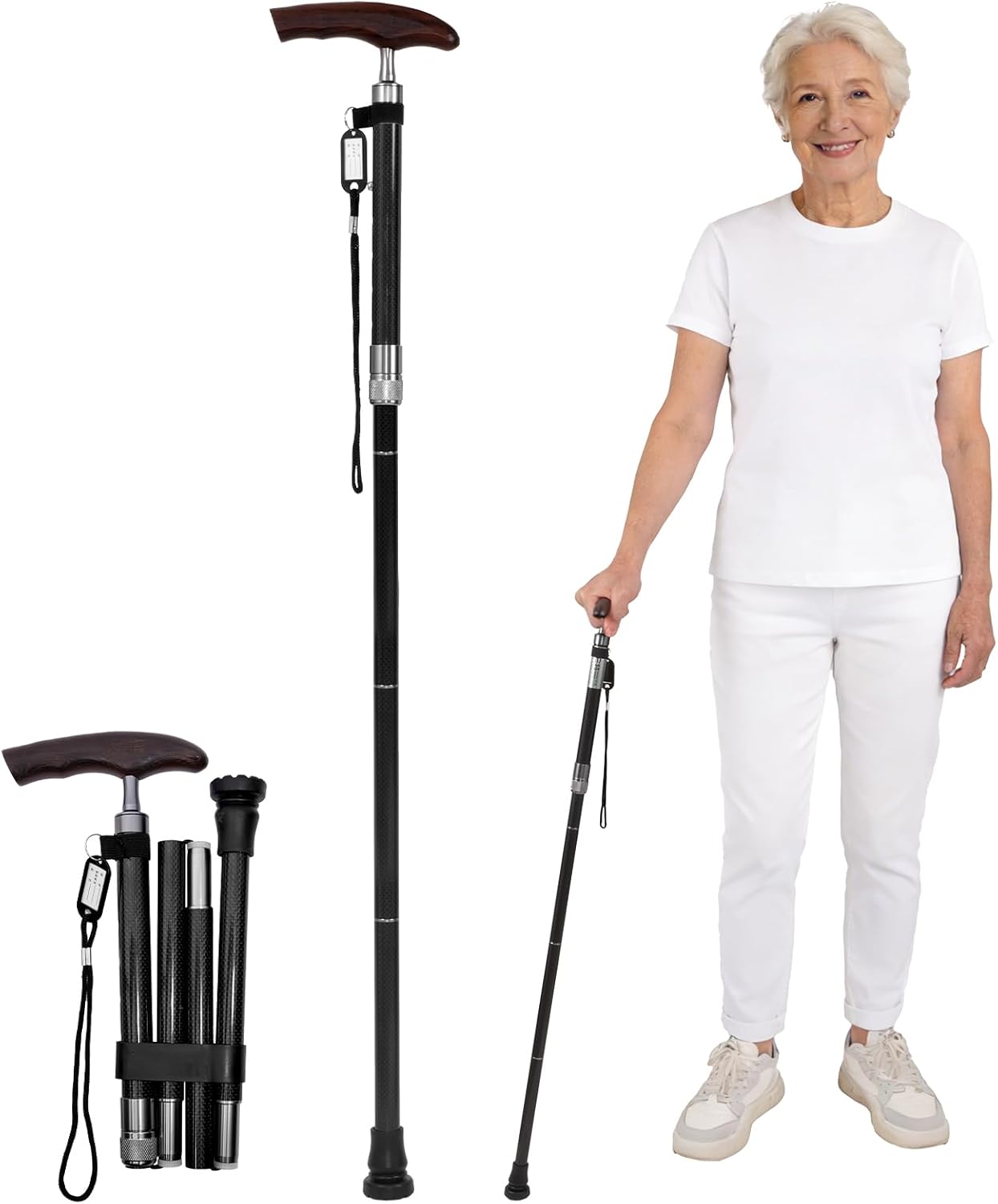 Carbon Fiber Walking Cane, Adjustable Folding Mobility Cane with Ergonomic Solid Wood Handle, Lightweight Walking Stick for Men & Women, Portable Travel Cane with Non-Slip Rubber Tip (8.3oz/235g)