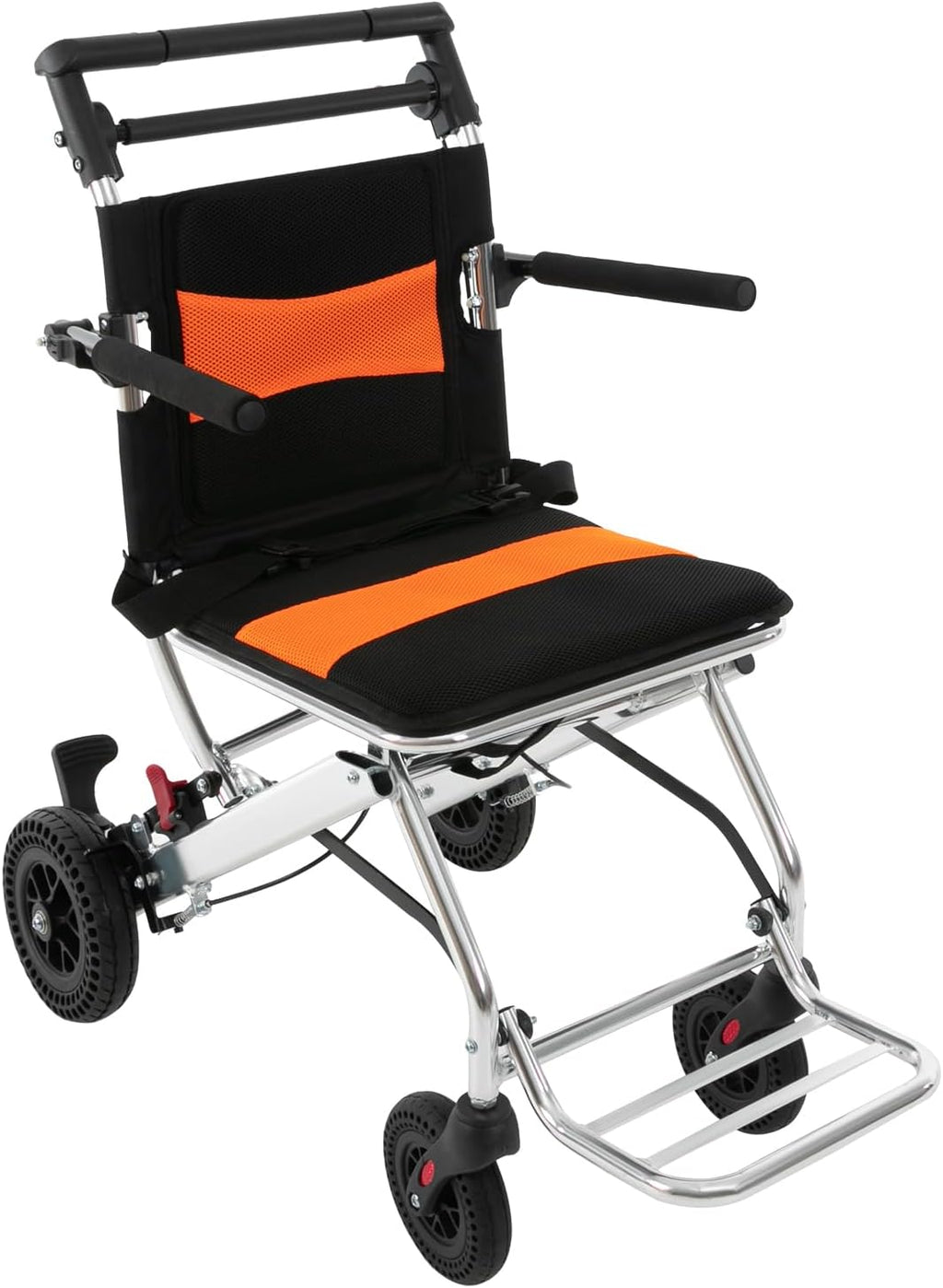 Elderly Folding Wheelchair, Portable Metal Travel Mobility Transport Chair, 352 lb. Load Capacity, with Foldable Pedals, Seat Belt, Hand Brake and Storage Bag, Lightweight Folding Chair