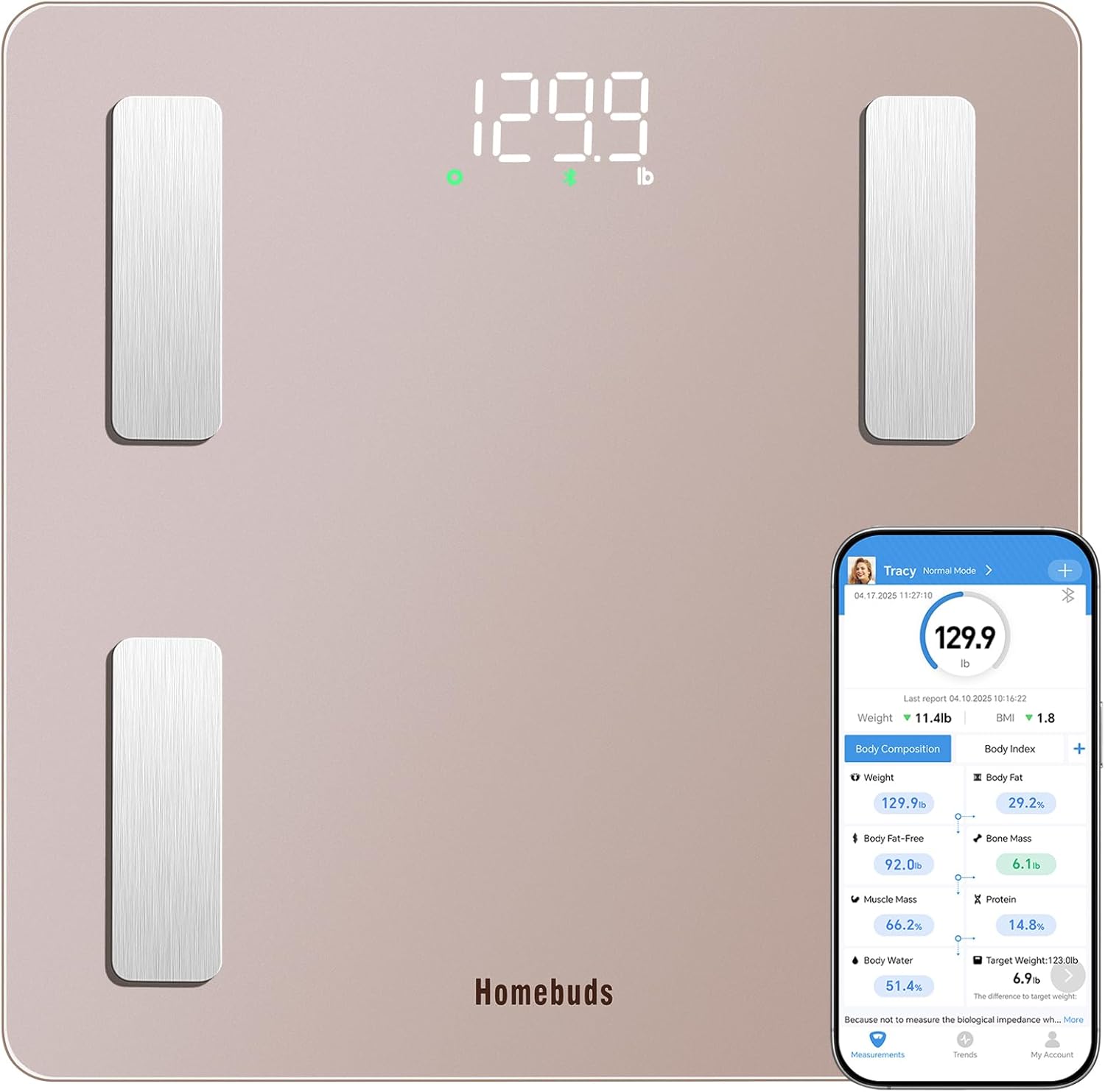 Homebuds Smart Bathroom Scale for Body Weight, High Precision Assured by Weight Scale Professional Factory Since 2001, App Sync 13 Body Composition with BMI and Body Fat, 400lb in 0.1lb, Rose Gold