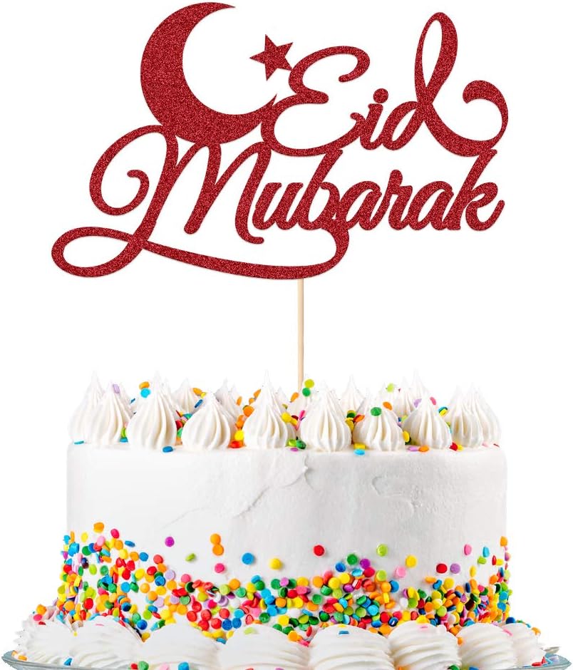 Eid Mubarak Glitter Cake Topper Ramadan Islam Party Decoration Hajj Double Sided Glitter Card(Red)