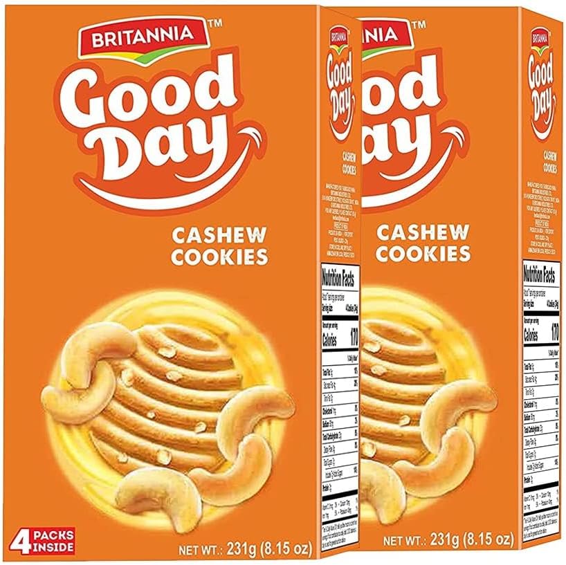 BRITANNIA Good Day Cashew Cookies Family Pack 8.15oz (231g) - Breakfast & Tea Time Snacks - Delicious Grocery Cookies (Pack of 2)