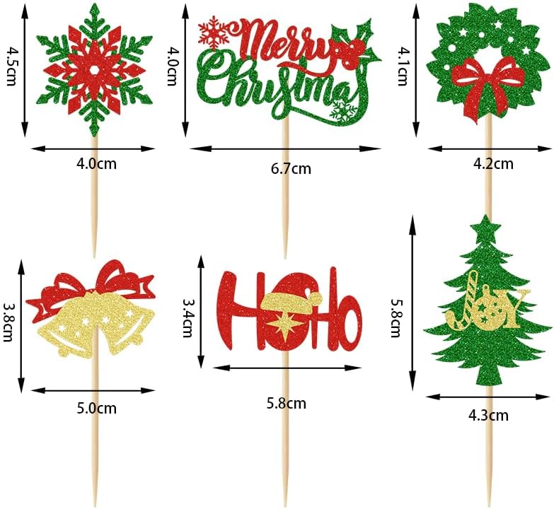 Merry Christmas Cupcake Toppers, 24 PCS Xmas Cake Decorations, Glitter Santa Claus Snowman Xmas Tree Cupcake Ficks Food Picks for Winter Xmas Holiday Party Decoration Supplies