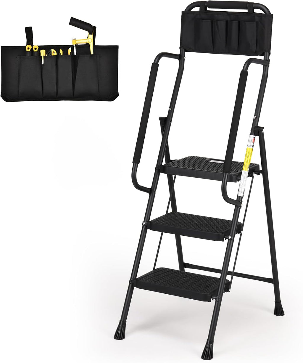 HBTower Step Ladder with Handrails, Folding Step Stool with Attachable Tool Bag & Anti-Slip Wide Pedal for Home Kitchen Pantry Office, Black