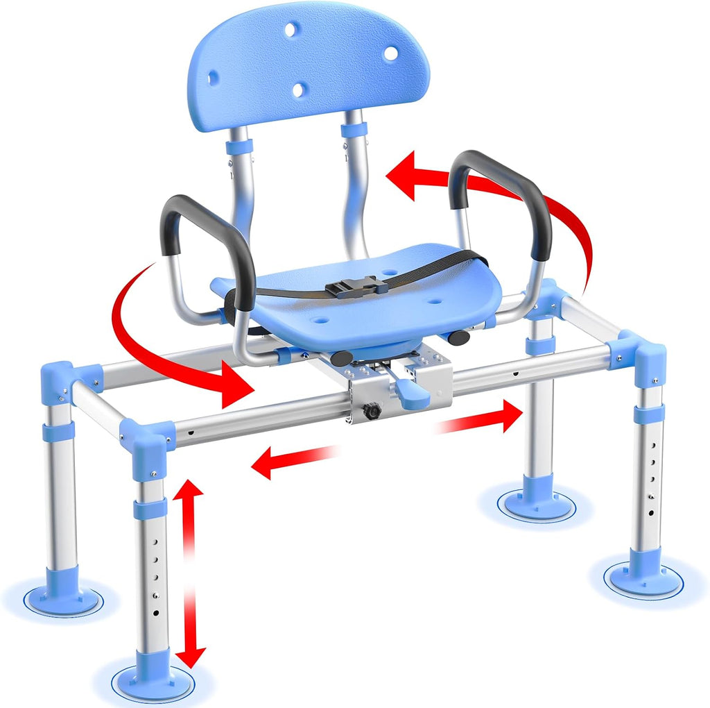 KingPavonini 550lbs Heavy Duty Sliding Shower Chair Tub Transfer Bench with 360° Swivel Seat, Shower Chair for Inside Shower with Adjustable Backrest, Non-Slip Shower Bench for Elderly and Disabled
