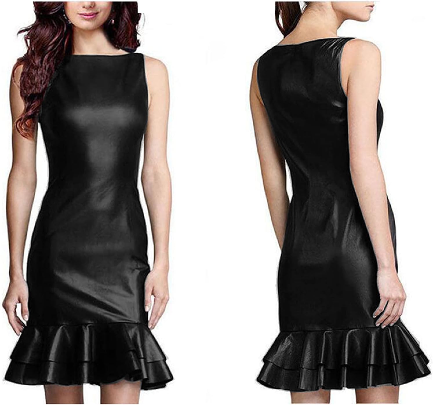 Elegant Hem Ruffles Summer Dress for Woman Sleeveless Mini Dress PU Shiny Liquid Metallic Club Dresses,Black,L