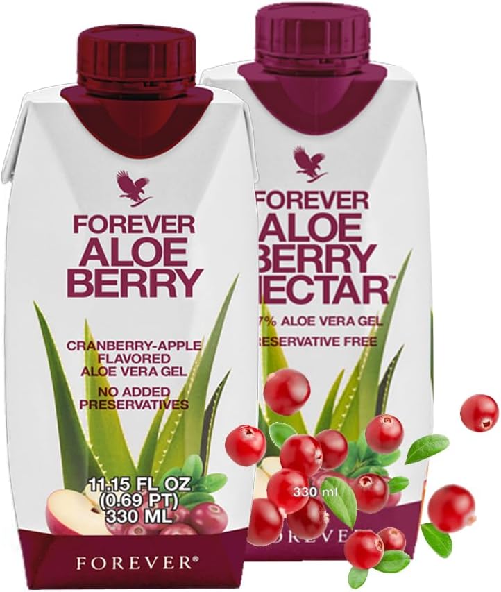 2 x Forever Aloe Berry Nectar Minis (330mL/11.15oz Each) 90.7% Pure Inner Leaf Aloe Vera Gel, No Added Preservatives. Gluten-Free (Pack of 2)