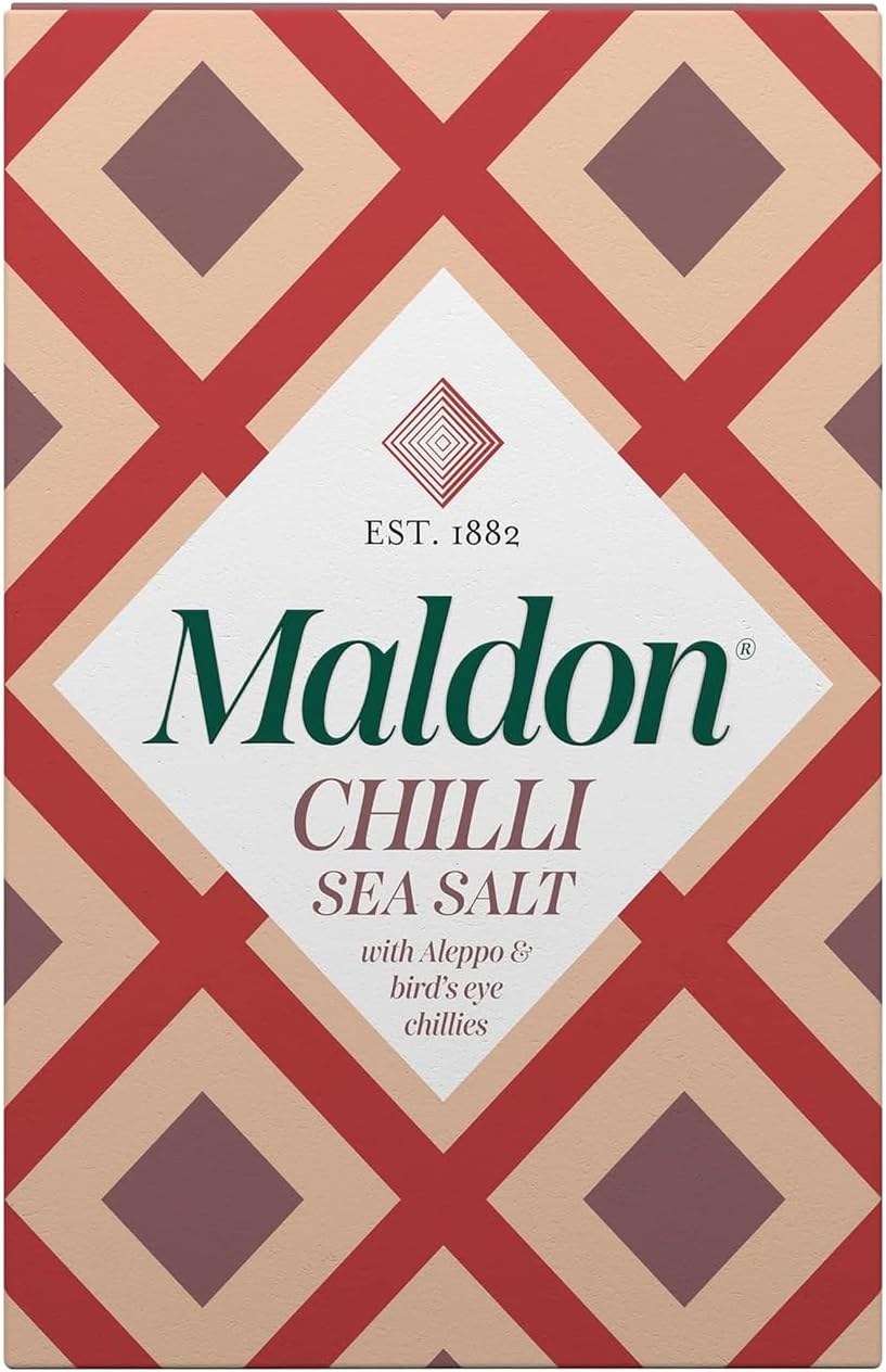 Maldon Chilli Sea Salt Flakes, Blended with Aleppo & Bird’s Eye Chillies - Take Simple Dishes to the Next Level - Fantastic Flavour - Unique Pyramid-Shaped Sea Salt Flakes - 100g Box