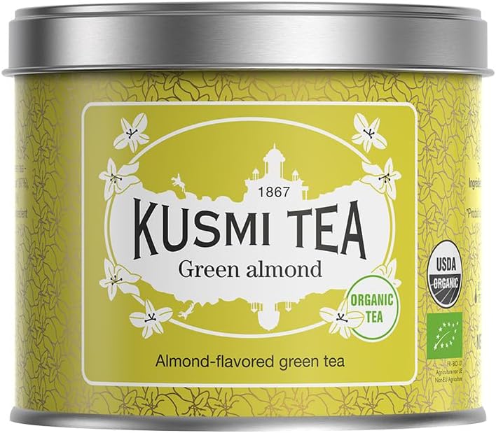 Kusmi Tea - Green Almond - Organic Blend of Almond Flavored Green Tea - Organic Flavored Green Tea - Loose Leaves - Tin Box of 3.5 oz - Quantity for about 50 cups