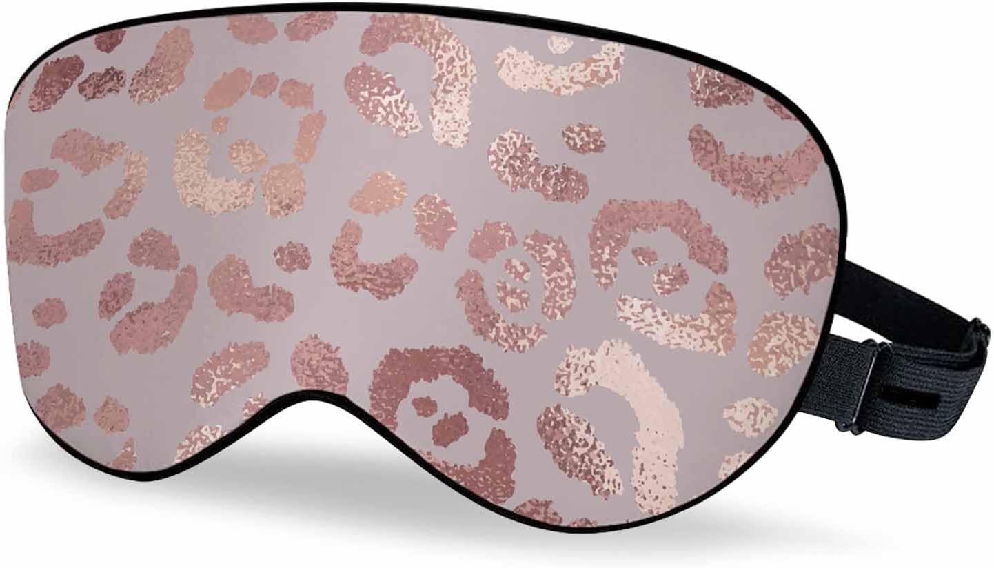 Leopard Skin Silk Sleep Mask Rose Gold Elegant Foil Effect Cheetah Men Women Adjustable Strap Eye Cover Eye Shade For Travel, Nap, Meditation