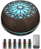550ml Large Capacity Essential Oil Diffuser with 6 Aromatherapy Oils Set,Ultrasonic Air Humidifier with Timer and 7 Color LED Night Light Waterless Auto-Off Dark Wood Grain