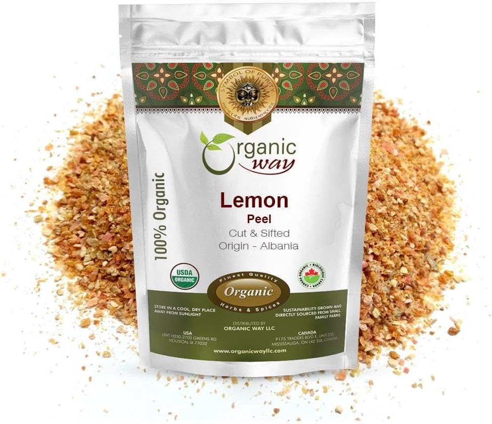 Organic Way Dried Lemon Peel Cut & Sifted (Citrus limon) - Organic & Kosher Certified | Vegan, Non GMO & Gluten Free | USDA Certified | Origin - India (1 LB / 16 Oz)