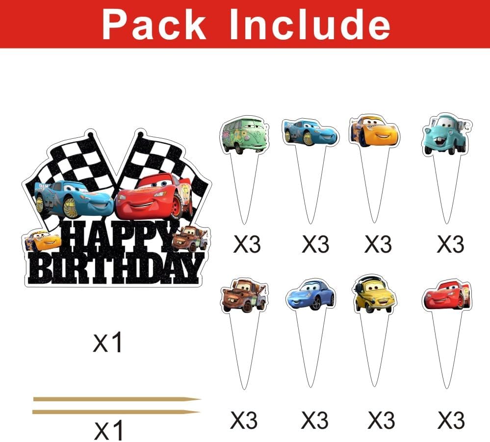 25 Pcs Cake Topper and Cupcake Toppers Set Birthday Party Supplies for Cars Themed Birthday Decorations