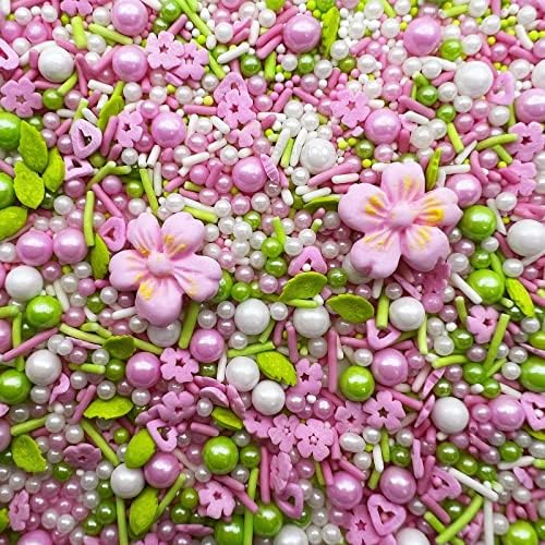 Edible Pink Flowers for Cake Decorating Edible Mini Sugar Flowers Pink and Green Pearl Sprinkles Spring Sprinkles Baby Shower Cake Decorations Christmas Cookie Decorations 3.5 OZ with Tweezers