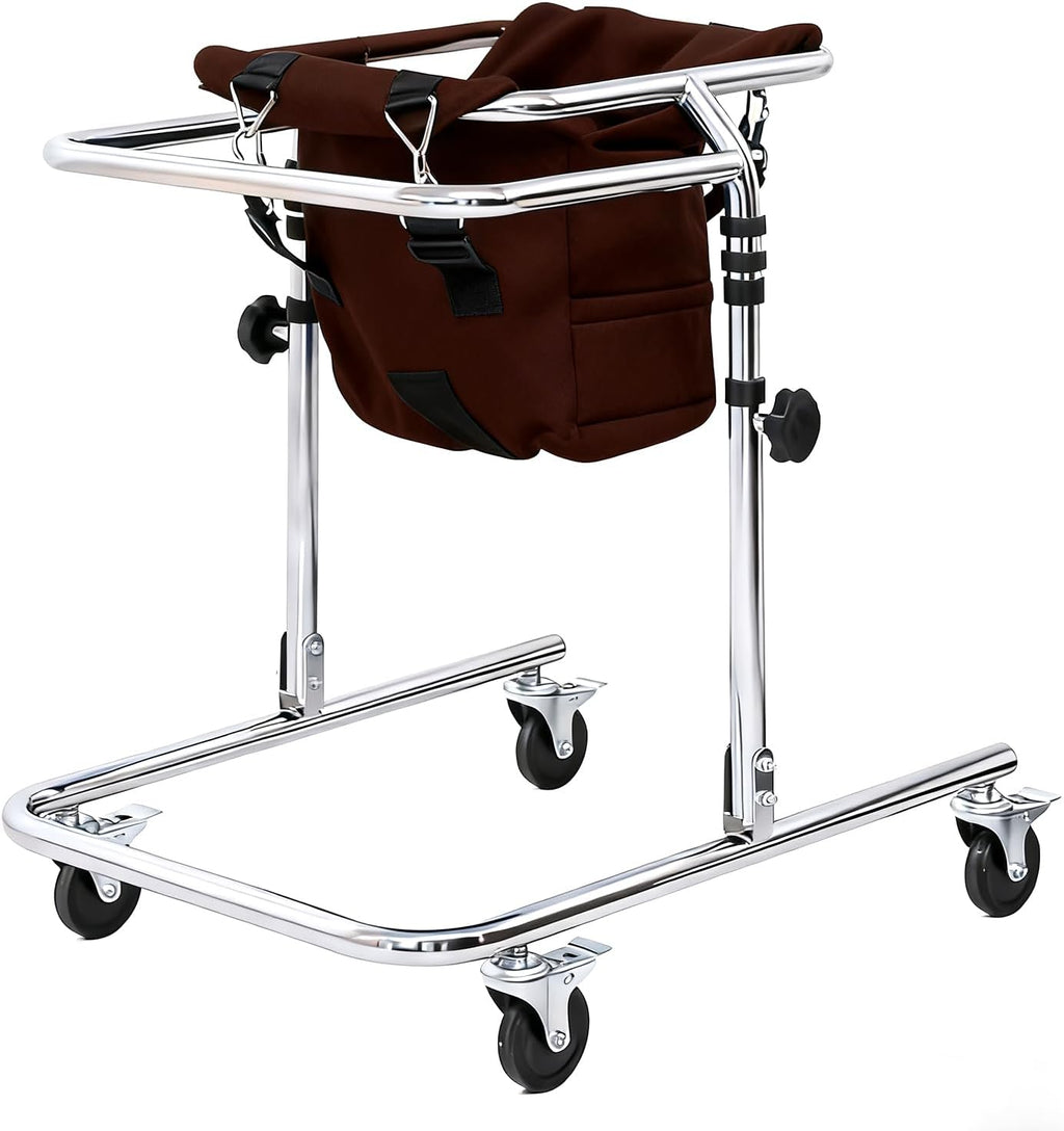 Folding Walking Frame for 31.5-47.2in Height Kids, Adjustable Child Walker with Seat and Wheels, Mobility Aid Rollator for Cerebral Palsy Rehabilitation Training (Brown)