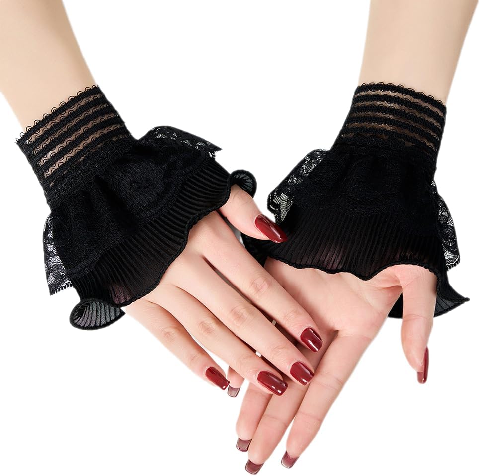 AUOCATTAIL False Sleeves Wrist Cuffs Floral Layered Lace Cuff Women Fake Hand Sleeves 1 Pair