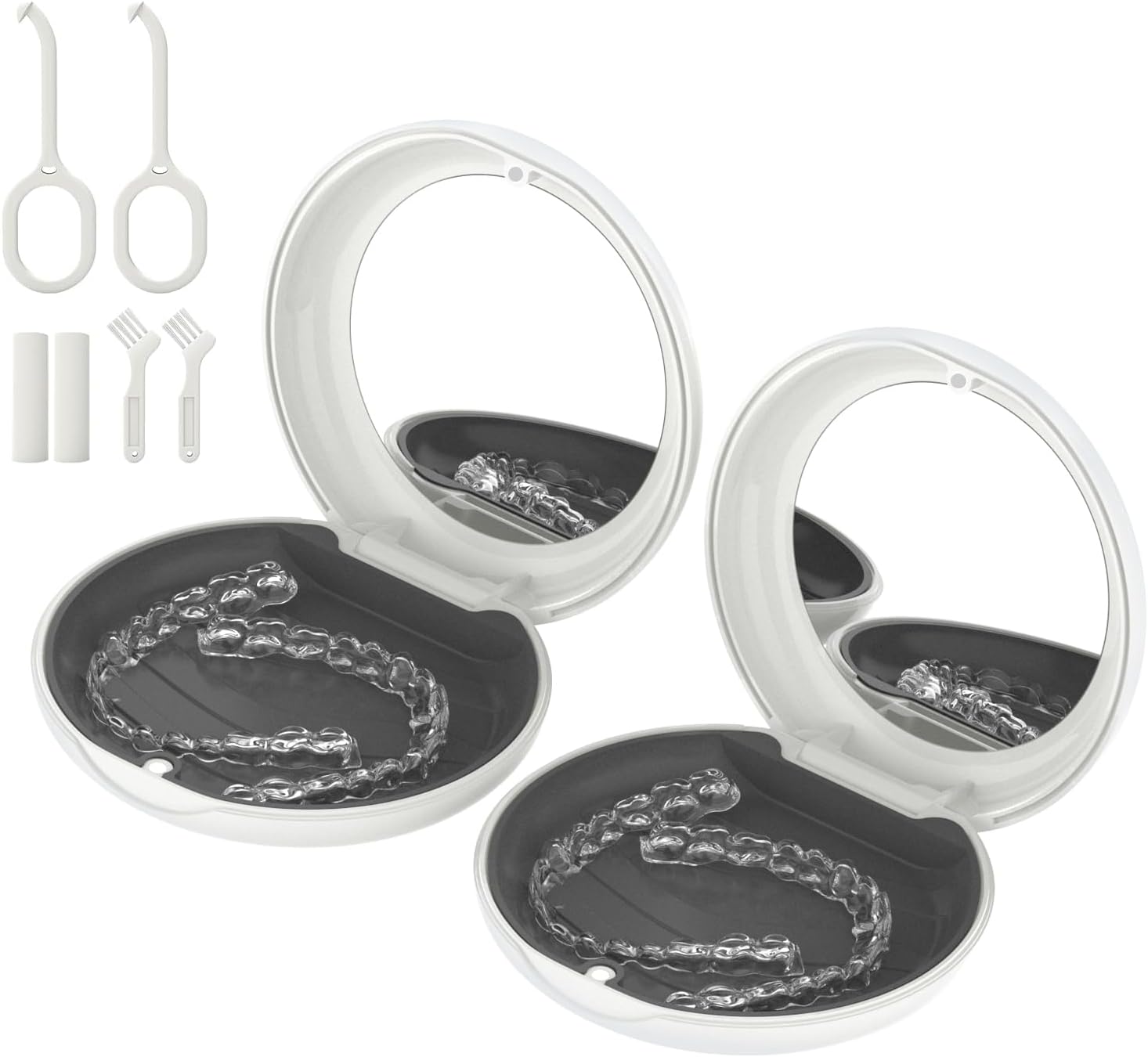 2 Pack Retainer Case with Mirror, Compatible with Invisalign, Orthodontic Aligner Case with Removal Tool and Brush, White