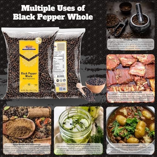 Rani Black Pepper Whole (Peppercorns), Premium MG-1 Grade 80oz (5lbs) 2.27kg Bulk ~ All Natural | Gluten Friendly | Non-GMO | Kosher | Product of Vietnam | Perfect size for Grinders!