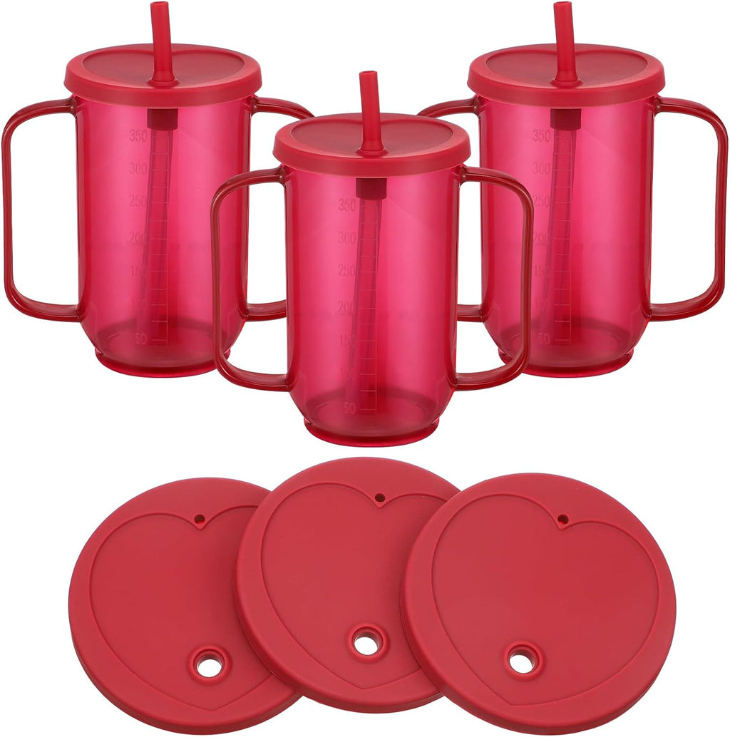 Sliner Adult Sippy Cups for Elderly 12 oz Straw Sippy Cups with 2 Handles No Spill for Adults Spill Proof Dysphagia Cup for Disabled Patients(Red)