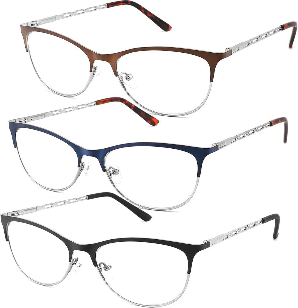 3 Pack Reading Glasses Women Blue Light Blocking Metal Computer Spring Hinge Readers