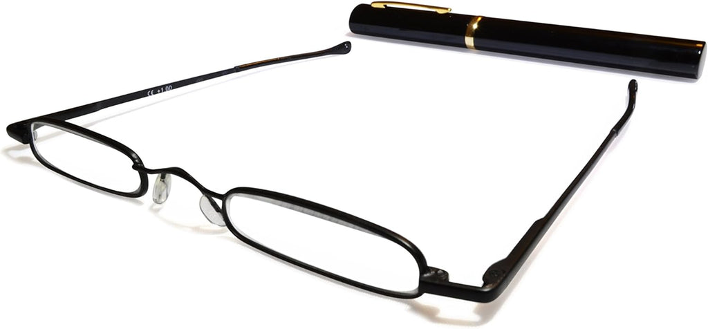 Ultra Slim and Lightweight Pocket Unisex Mini Reading Glasses +2.0 Black. Comes with free matching oval aluminium case with clip