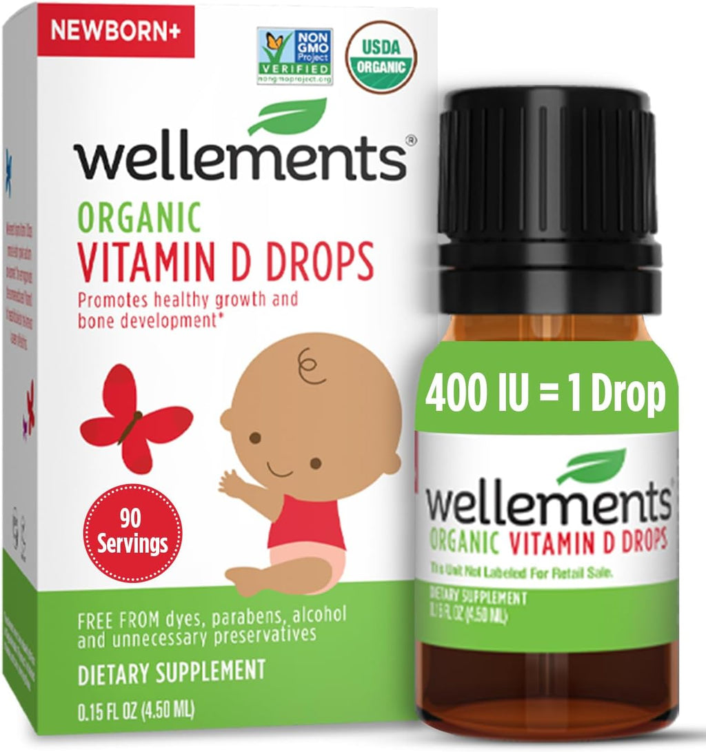 Wellements Baby Organic Vitamin D Drops for Infants & Toddlers (90-Day Supply) - Certified Newborn+ Liquid Vitamin D3 Drops, Support Healthy Growth & Bone Development 400 IU per Drop (1 Drop Daily)