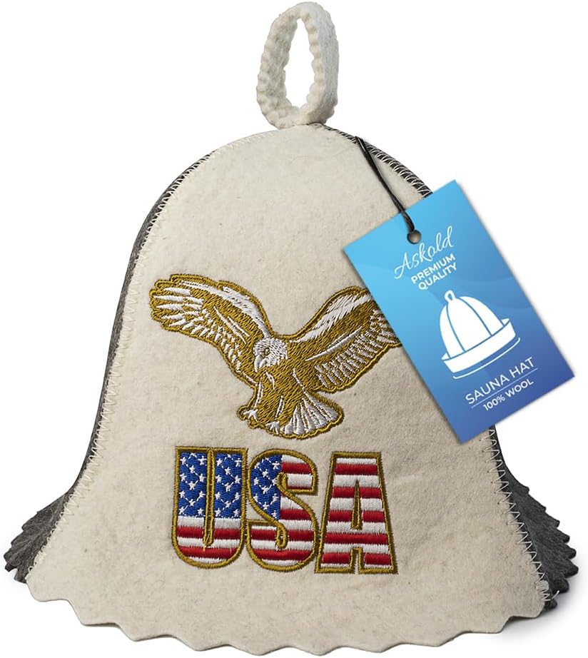 ASKOLD Wool Sauna Hat Embroidered USA Flag Sauna Cap Finnish Banya Hat for Men and Women Banya Cap for Women (Grey)