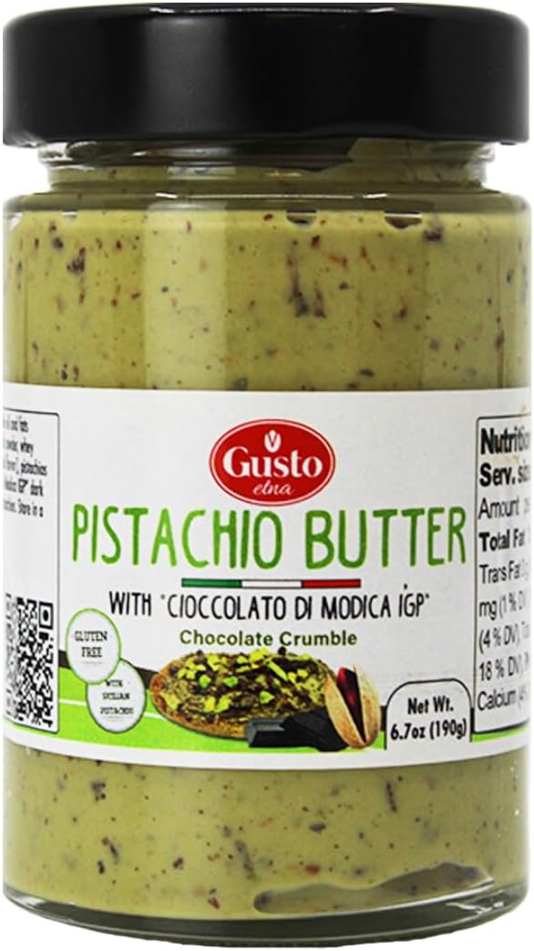 GUSTO ETNA Pistachio Butter/Spreadable Cream with Chocolate Chips, 6.7 oz (190g), Rich & Nutty Spread for Knafeh Pistachio Chocolate Bars, Sweet Pistachio, 28% Pistachios, From Italy, Non GMO