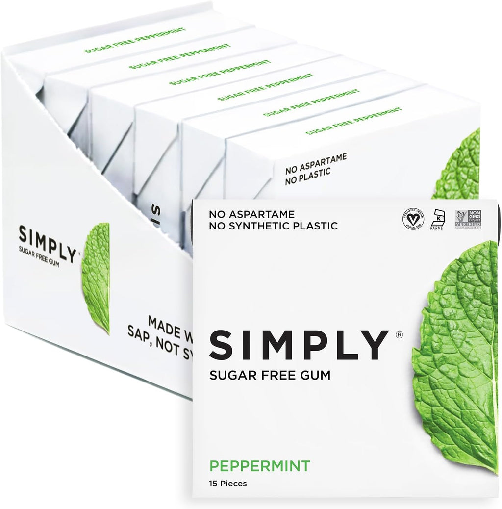 SIMPLY Gum Peppermint, Plastic-Free Natural Chewing Gum, 6 Pack (90 Pieces) | Vegan, Kosher, Non GMO, Aspartame Free and Sorbitol Free