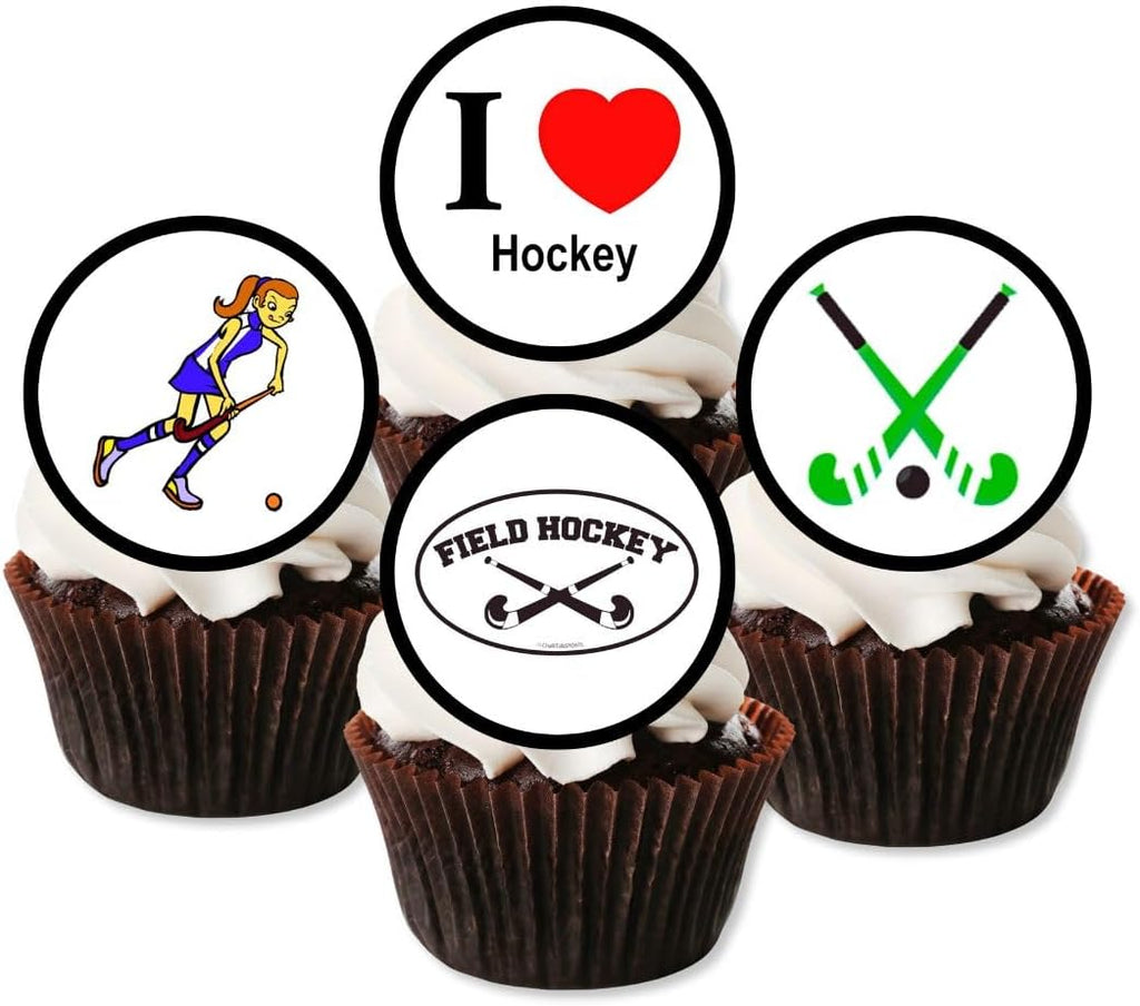 PRECUT Hockey Cupcake Toppers, Sports Theme Edible Cake Decorations, Hockey Party Decorations, Field Sports Edible Cupcake Toppers, 4cm / 1.5 Inch Wafer Card Discs (24)