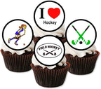 PRECUT Hockey Cupcake Toppers, Sports Theme Edible Cake Decorations, Hockey Party Decorations, Field Sports Edible Cupcake Toppers, 4cm / 1.5 Inch Wafer Card Discs (24)