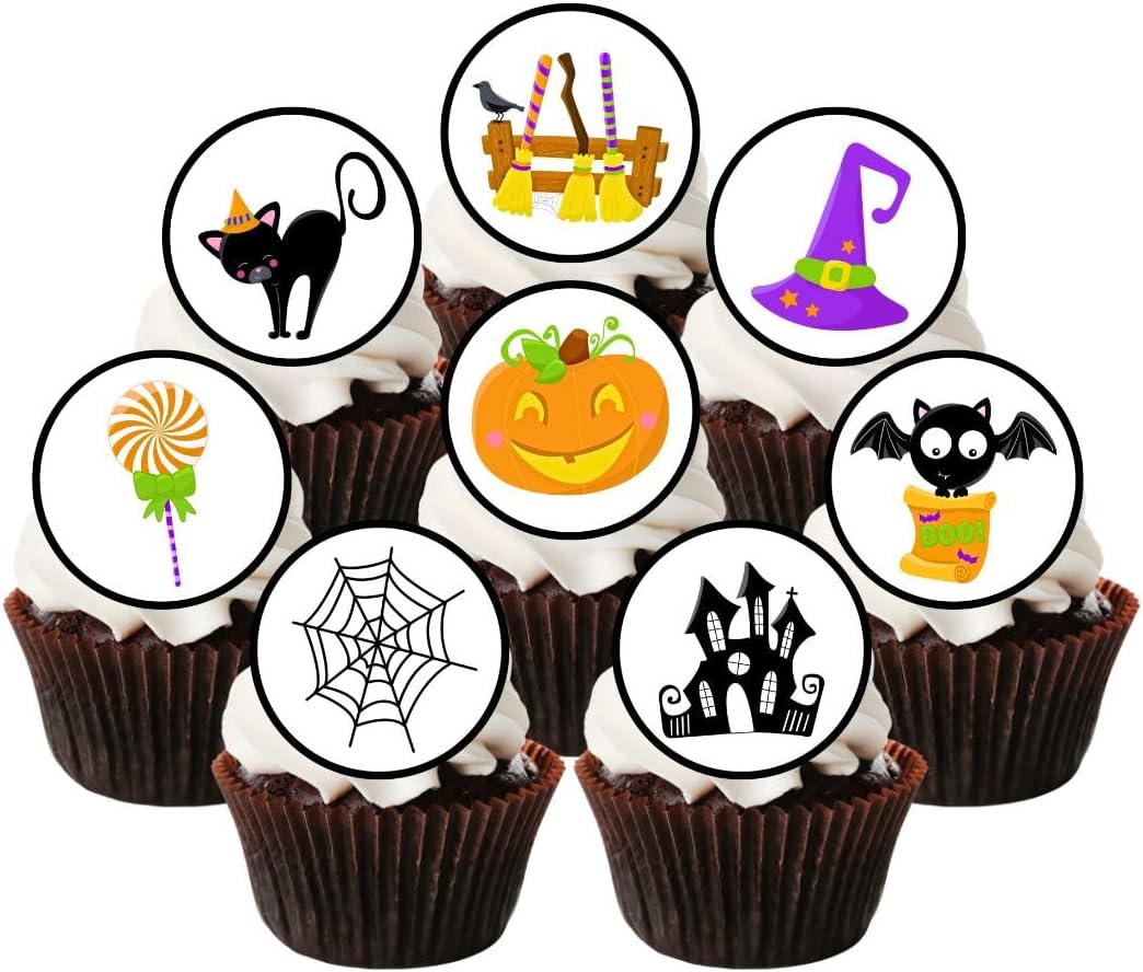 Cute Halloween Edible Cupcake Toppers Halloween Baby Shower Decorations, Wafer Pumpkin Edible Cake Decorations, Spooky Cake Toppers - 24 x 1.5 Inch 4cm Uncut Theme 5