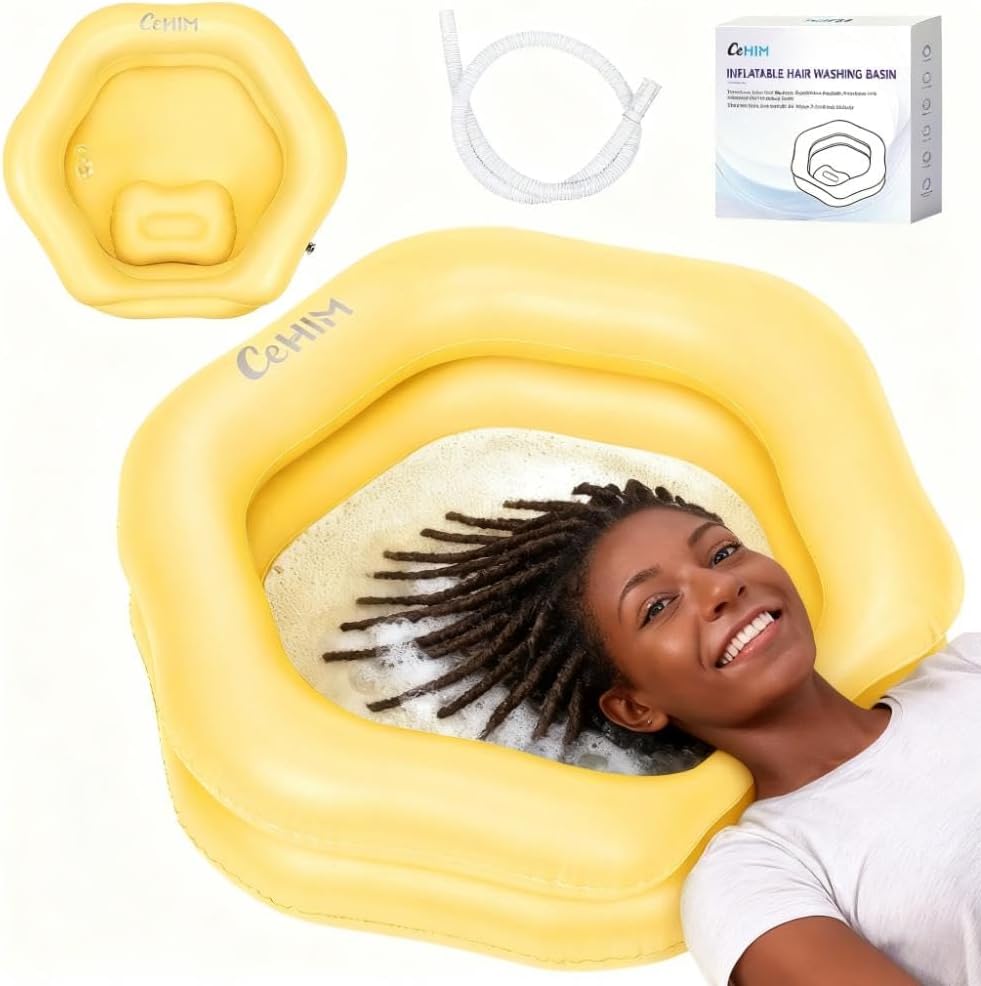 Inflatable Shampoo Basin for Bedridden, Elderly & Disabled - Petal-Shape Large Size, 360° Neck Support, Central Drain Hole with Pull Ring | Leak-Proof PVC Portable Hair Washing Bowl (Yellow)