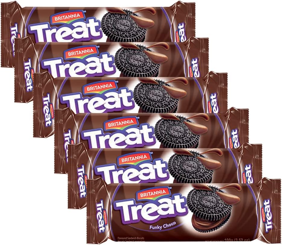 Britannia Treat Choco Sandwich Biscuits 3.52oz (100g) - Breakfast & Tea Time Snacks - Delicious Grocery Cookies (Pack of 6)
