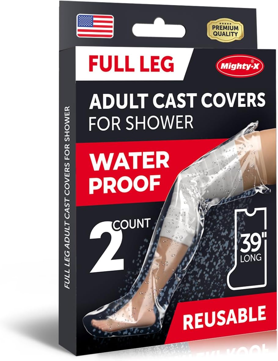 Mighty-X 100% Waterproof Cast Covers for Shower Leg - 2pk - Tight Seal - Reusable Adult Full Leg Cast Protectors - Thigh, Knee, Ankle, Foot - After Surgery Bandage and Dressing Shower Bag - Long Size