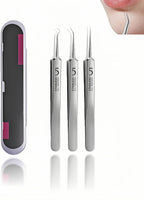 Professional Blackhead Remover Tweezers Set, Stainless Steel Pimple Extractor Tool Kit with Straight, Angled and Curved Tips, 3 Piece Set with Storage Case