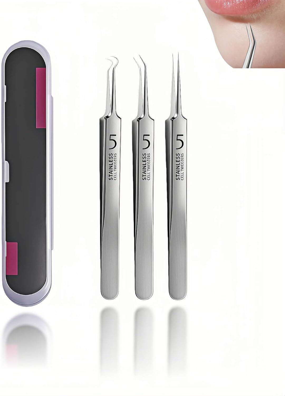 Professional Blackhead Remover Tweezers Set, Stainless Steel Pimple Extractor Tool Kit with Straight, Angled and Curved Tips, 3 Piece Set with Storage Case