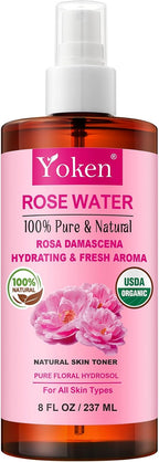 Yoken Organic Rose Water Spray for Face, 8 Fl Oz Fine Mist, Rosewater Face Mist with 100% Pure & Natural Rosa Damascena Rose Hydrosol, USDA Certified Organic, Alcohol Free, Vegan, No Dyes