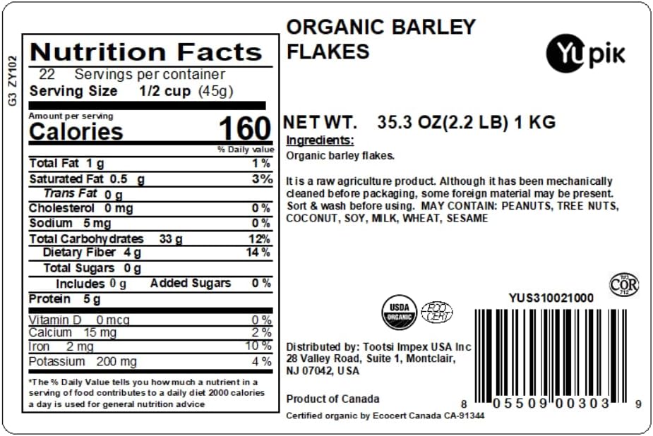 Yupik Organic Barley Flakes, 2.2 lb (35.2 oz), Non-GMO, Vegan, Kosher, Steamed, Rolled & Lightly Roasted Whole Barley Grains, Source of Fiber & Iron, Alternative to Oats, Ideal for Cooking & Baking