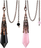 Jovivi 2pcs Natural Rose Quartz Crystal Black Obsidian 12 Facted Therapy Healing Dowsing Divination Pendulum - Reiki Charged Chakra Balancing Pendant with Chain