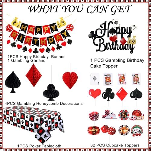 58pcs Casino Poker Party Decorations,Poker Theme Birthday Banner Garland, Foil Balloons, Honeycomb Pom Poms,Cake Cupcake Topper and Tablecloth for Las Vegas Night Casino Birthday Supplies
