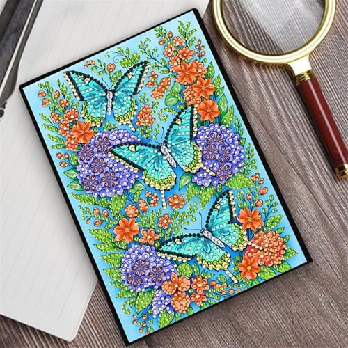 FRANDEK Diamond Art Painting Notebook Kit, Blue Butterfly A5 DIY Journal with 50 Blank Pages, Crystal Rhinestone Cover With Waterproof Canvas, Beginner Craft Set with Full Tools for Adults