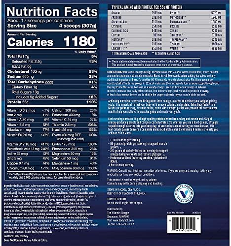 BodyTech Prime Mass - High-Calorie Mass Gainer - Supports Muscle Growth & Weight Gain - Vanilla (12 lb, 17 Servings)