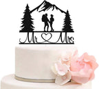 Mountain Mr & Mrs Wedding Cake Topper, Black Glitter Hiking Theme Wedding Party Decoration, Black Backpacking Bride and Groom Silhouettes Cake Toppers