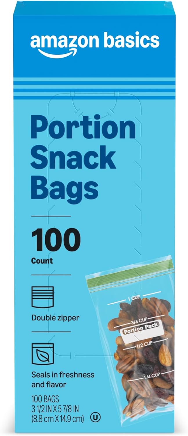 Amazon Basics Portion Snack Bags, Double Zipper Seals in Freshness, 3.5" x 5.9", 100 Count