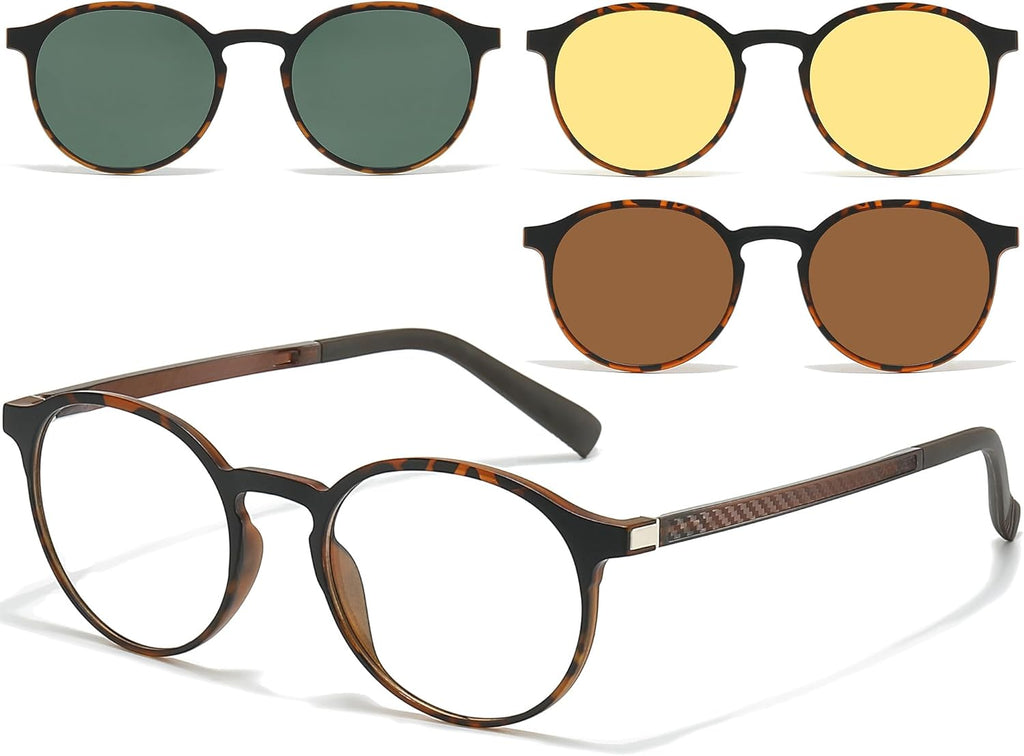 Retro Round Glasses Frame for Men Women With 3 in 1 Polarized Magnetic clip on Sunglasses Eyeglasses Optical Eyewear